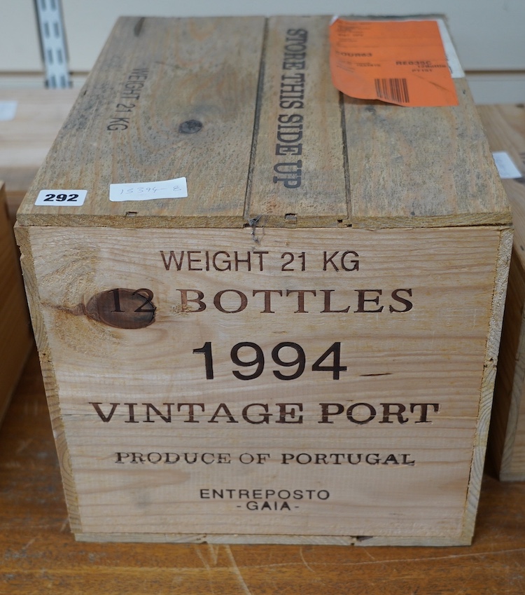 A sealed case of twelve bottles of 1994 Warres Vintage Port, in OWC, purchased en primeur from The Wine Society. Condition - good